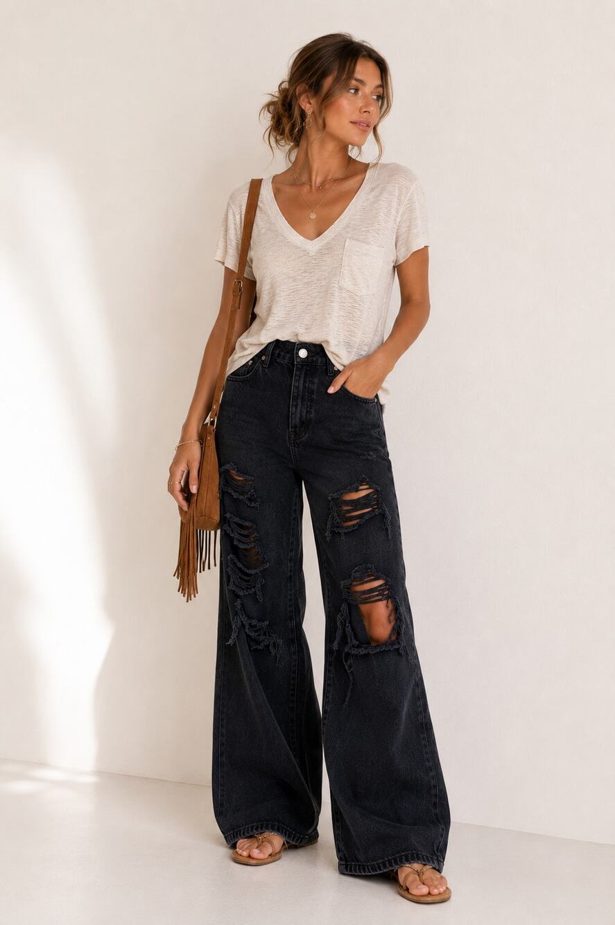 Pacsun Black Distressed Baggy Jeans Womens 25 Button Fly Casual Wide Leg Denim